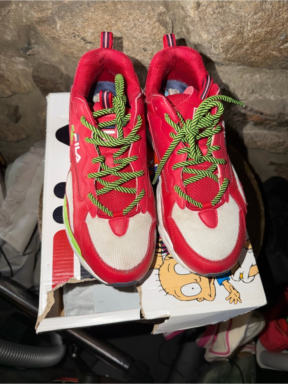 Red and White Athletic Sneakers with Green Laces